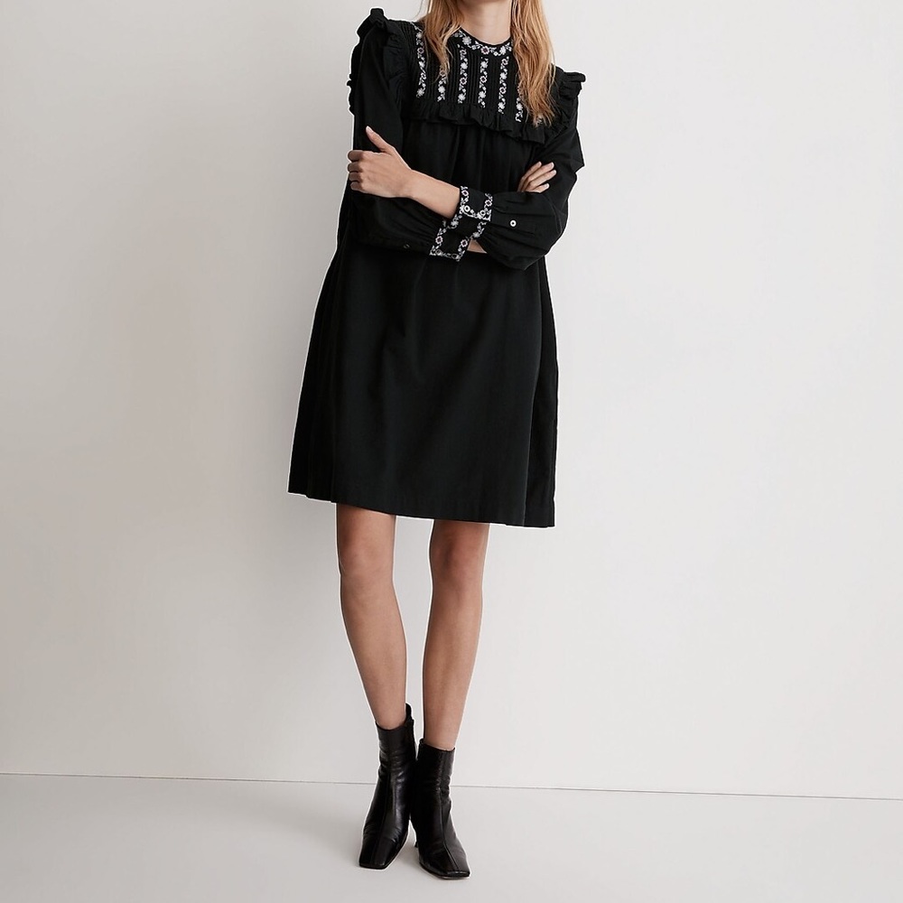 NWT Madewell Embroidered-Bib Ruffle Mini Dress